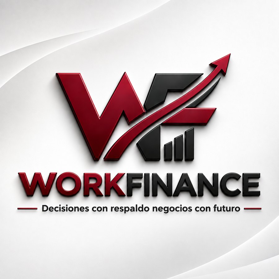 Logotipo de WorkFinance con las iniciales W y F, una flecha ascendente y el lema «Decisiones con respaldo, negocios con futuro»